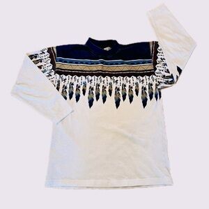 Vintage ADOBE ROSE Western Shirt Women’s White Blue Feathers Aztec M 100% Cotton